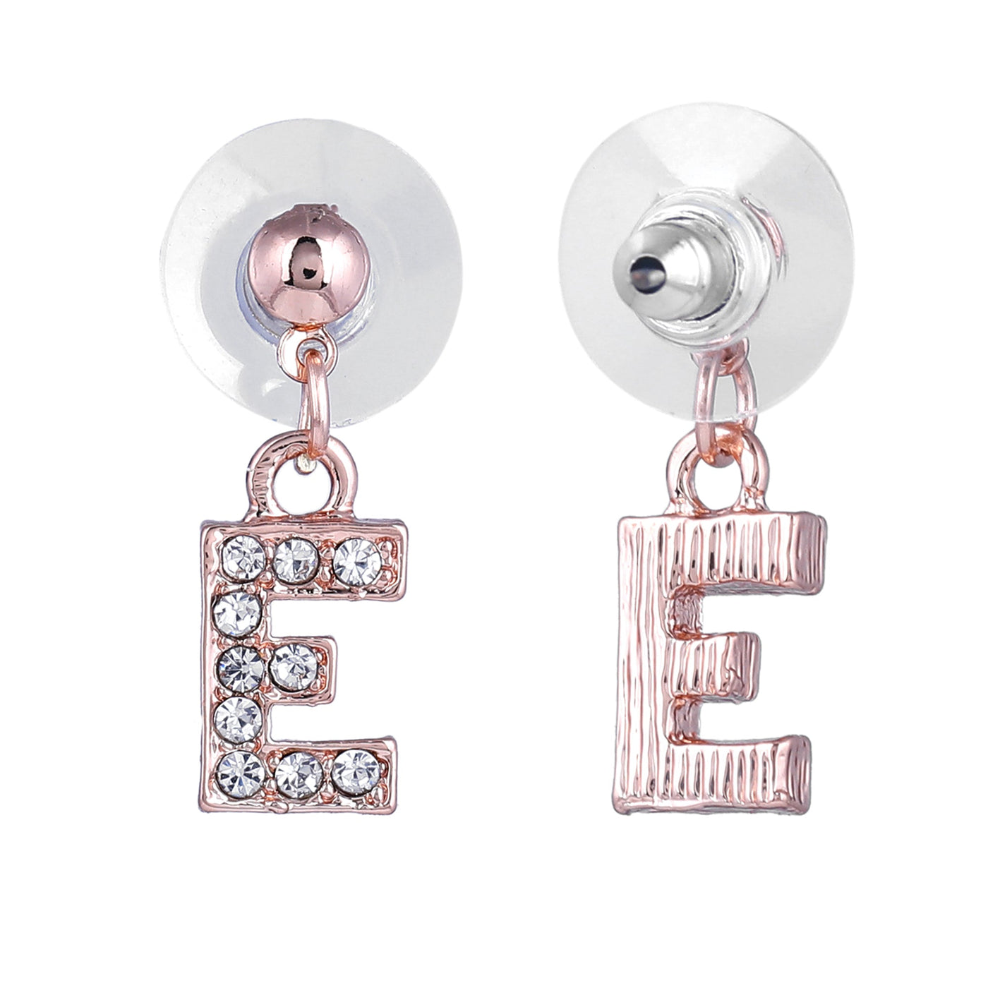 Estele Rose Gold Plated Magnificent Medium 'E' Letter Earrings with Crystals for Women