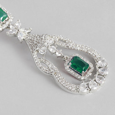 Estele Rhodium Plated CZ Scintillating Drop Earrings with Emerald Stone for Women