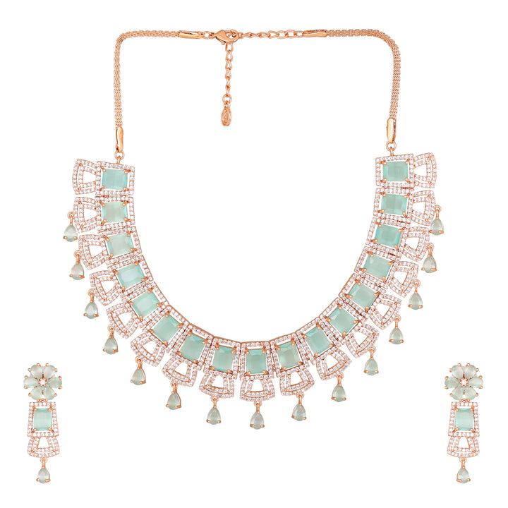 Estele Rose Gold Plated CZ Glimmering Dulhan Necklace Set with Mint Green and White Crystals for Women
