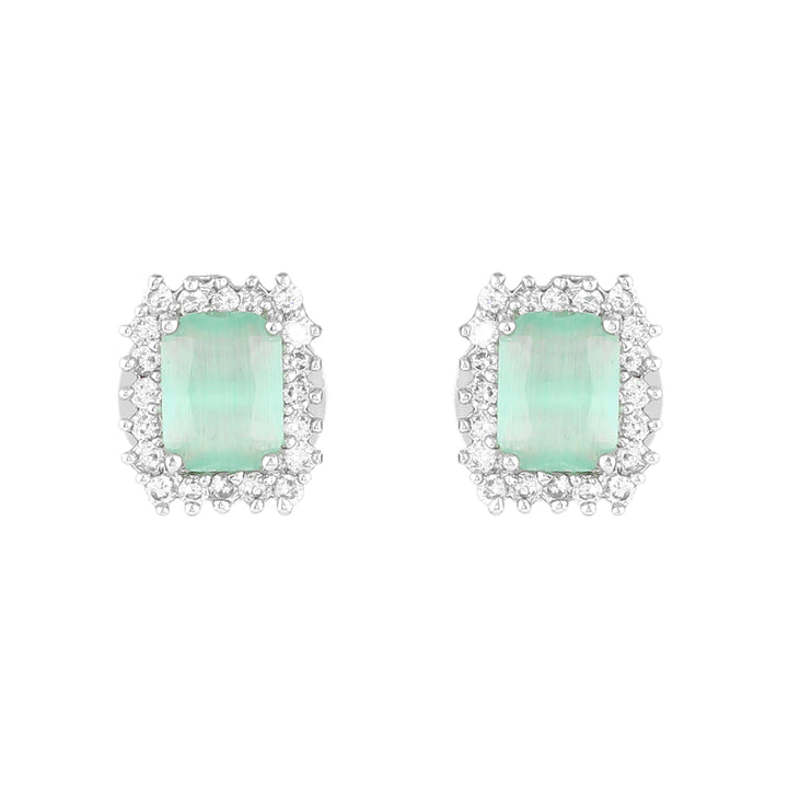 Estele Rhodium Plated CZ Square Designer Stud Earrings with Mint Green Stones for Women
