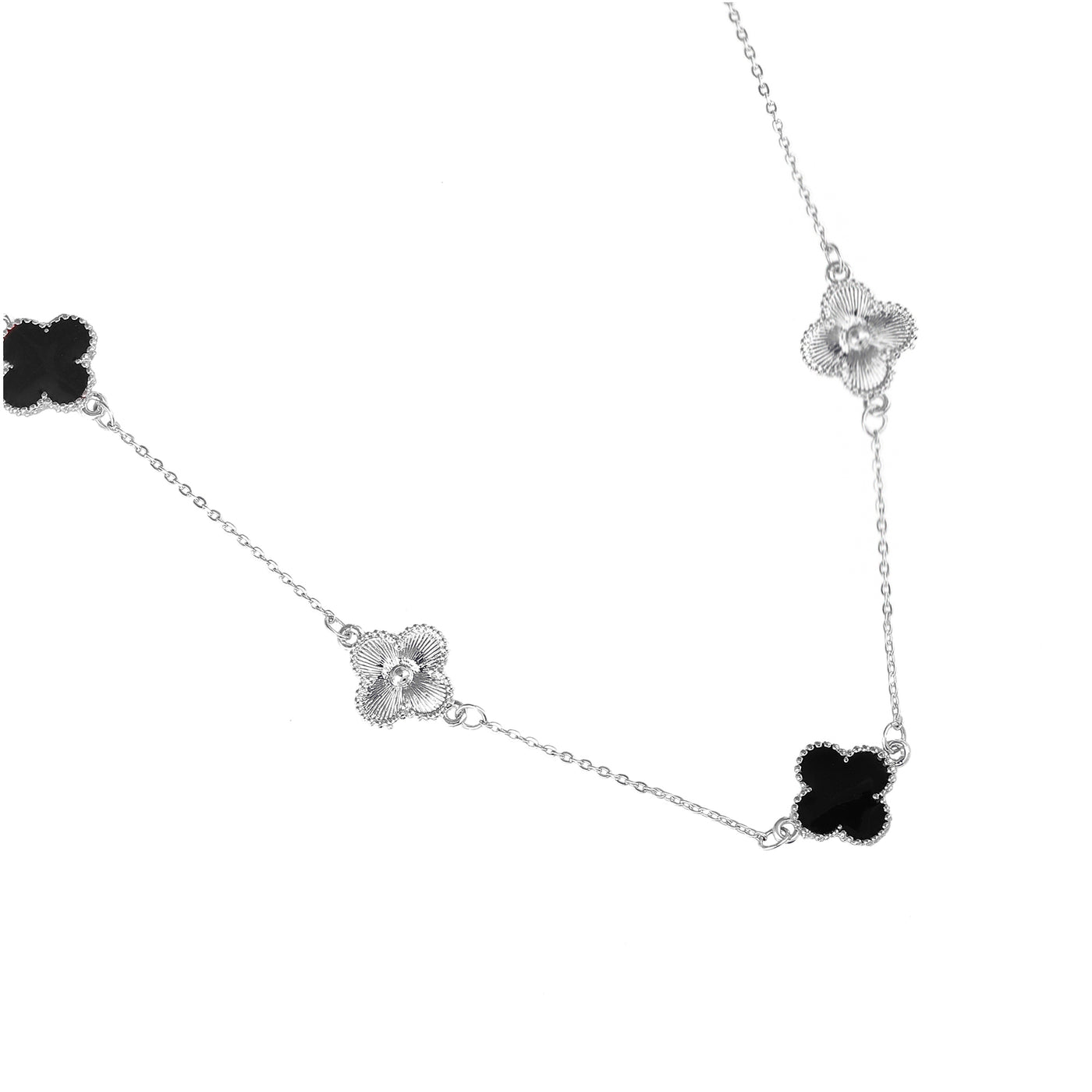 Estele Rhodium Plated Captivating Black Enamel Four Leafy Designed Long Pendant Necklace with Adjustable Chain for Women and Girls