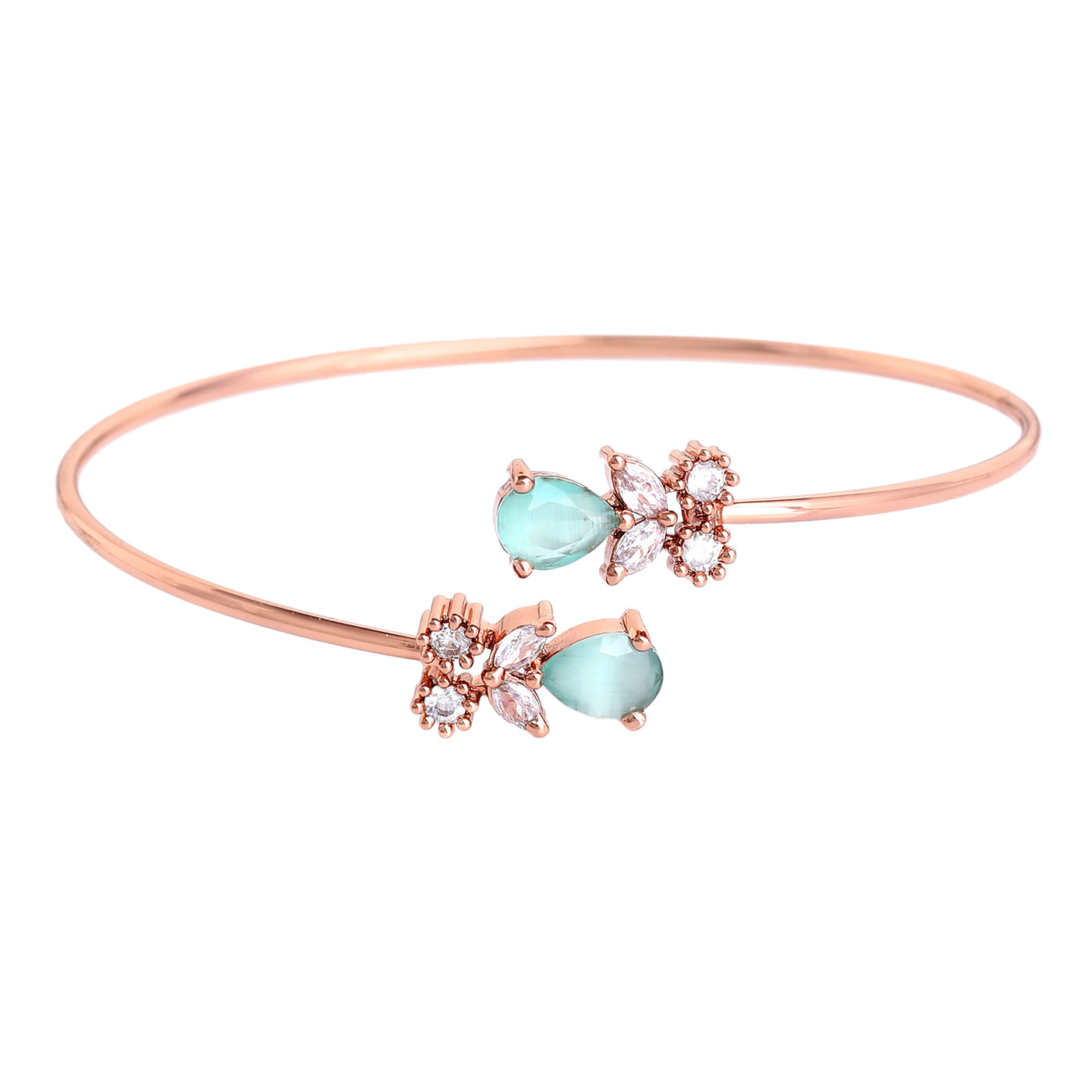 Estele Rosegold Plated Luxurious Lightweight Cuff Kada Bracelet with Mint Green American Diamonds|Effortless Glamour for Women