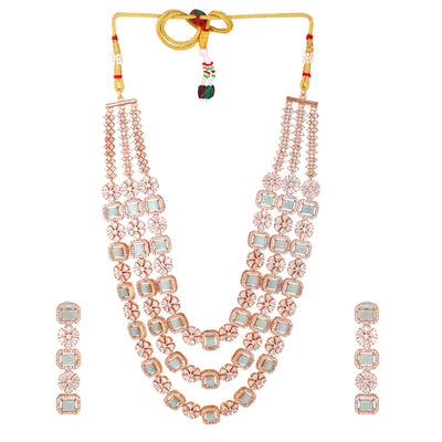 Estele Rose Gold Plated CZ Scintillating Three Layered Necklace Set with Mint Green and White Crystals for Women