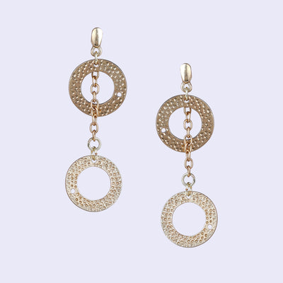 Estele Gold Tone Dual Circular Design Interlinked Beaten Gold Drop & Dangler Earrings for Women