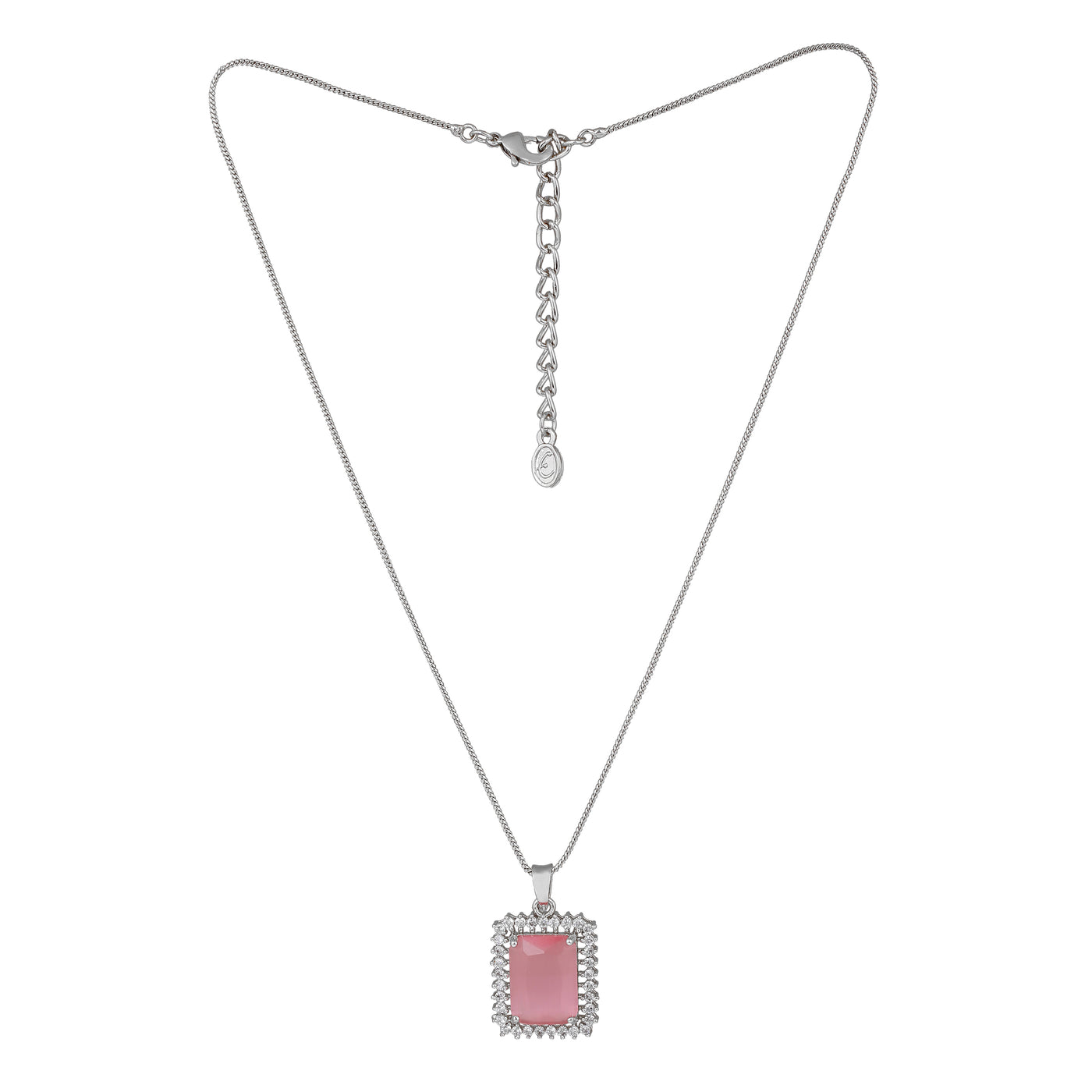 Estele Rhodium Plated CZ Square Designer Pendant Set with Mint Pink for Women