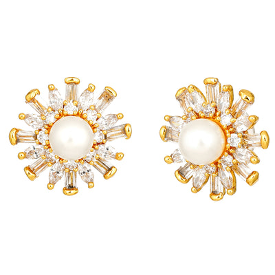 Estele Gold Plated American Diamond & Baguette's Pearl Flower Stud Earrings for women