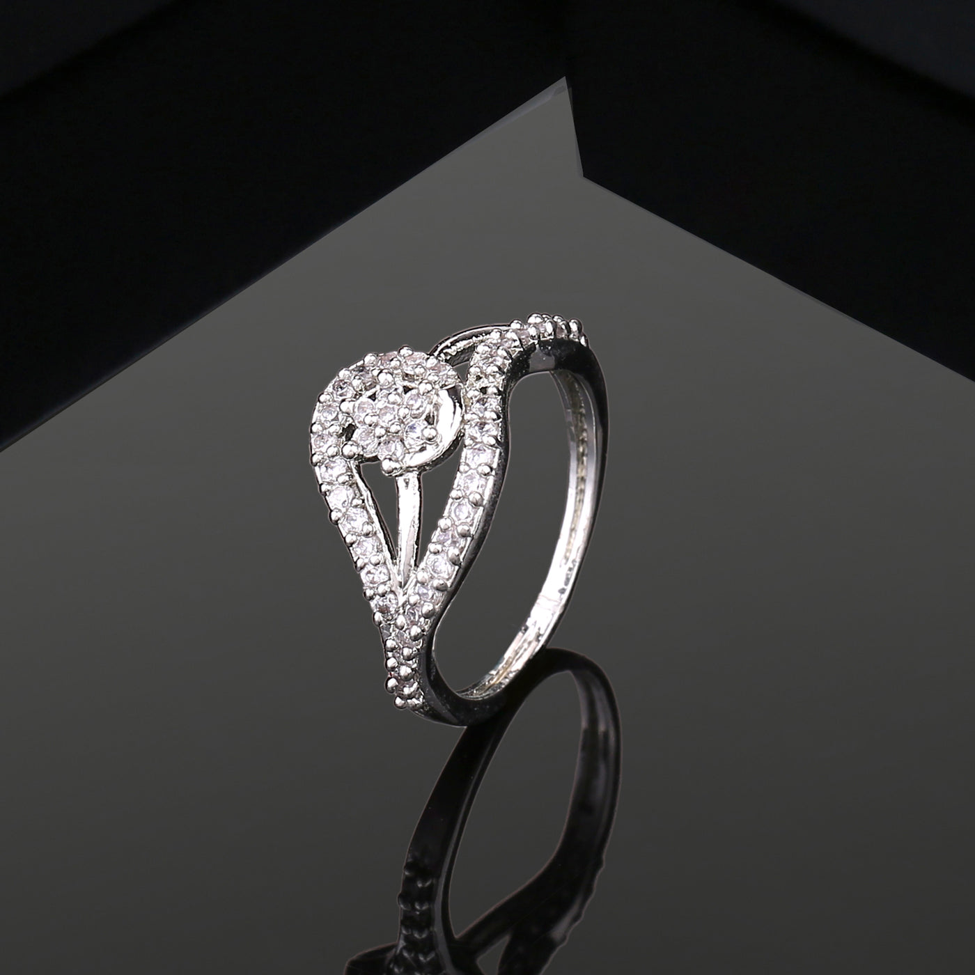Estele Rhodium Plated CZ Flower Designer Finger Ring for Women