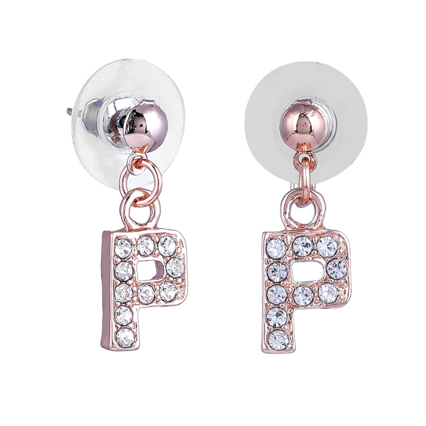 Estele Rose Gold Plated Magnificent Medium 'P' Letter Earrings with Crystals for Women