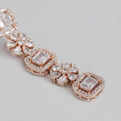 Estele Rose Gold Plated CZ Dazzling Three Layered Dulhan Necklace Set with White Stones for Women
