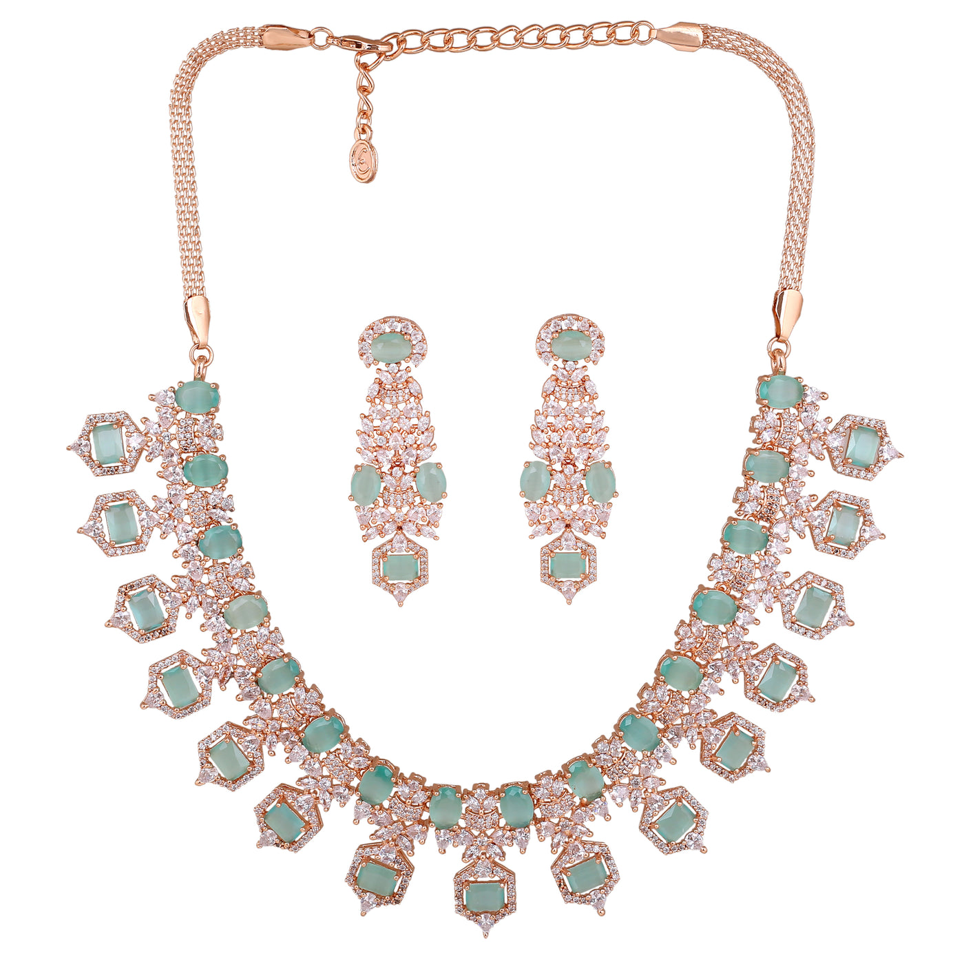 Estele Rose Gold Plated CZ Astonishing Necklace Set with Mint Green Stones for Women