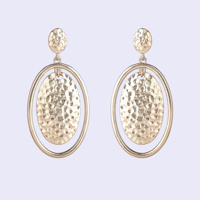 Estele Gold Tone Stylish Twin Oval Design Beaten Gold Drop Earrings for Women