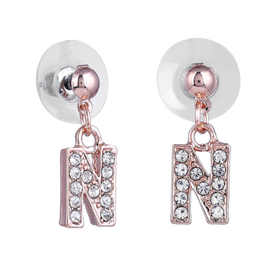 Estele Rose Gold Plated Magnificent Medium 'N' Letter Earrings with Crystals for Women