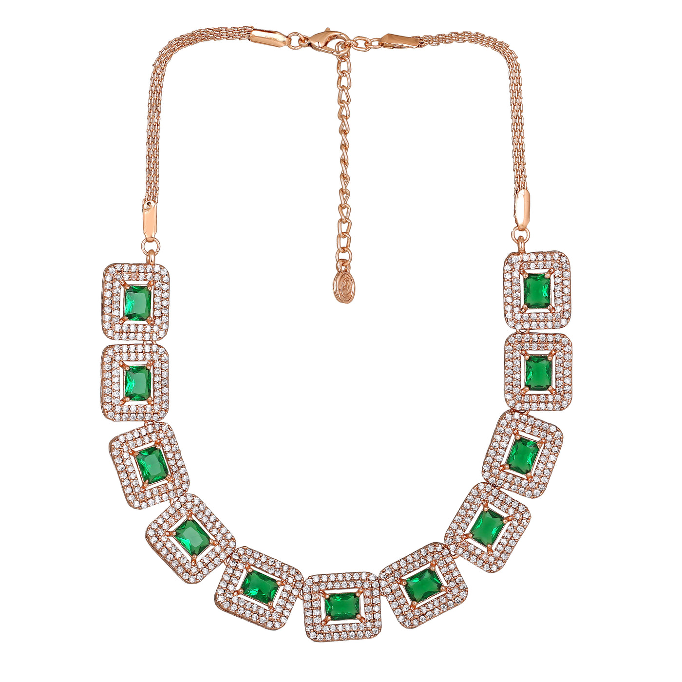 Estele Rose Gold Plated CZ Sparkling Necklace Set with Green Crystals for Women