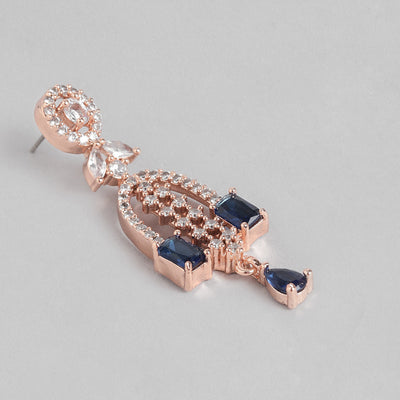 Estele Rose Gold Plated CZ Falling Star Designer Necklace Set with Blue Stones for Women