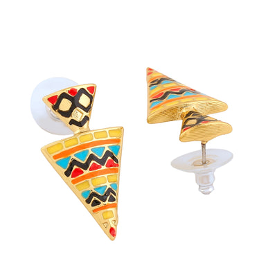 Estele Gold Plated Triangular Stud Earrings with Multi color Enamel for Women
