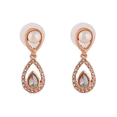 Estele Rose Gold Plated Scintillating Drop Earrings with Crystals & Pearl for Women