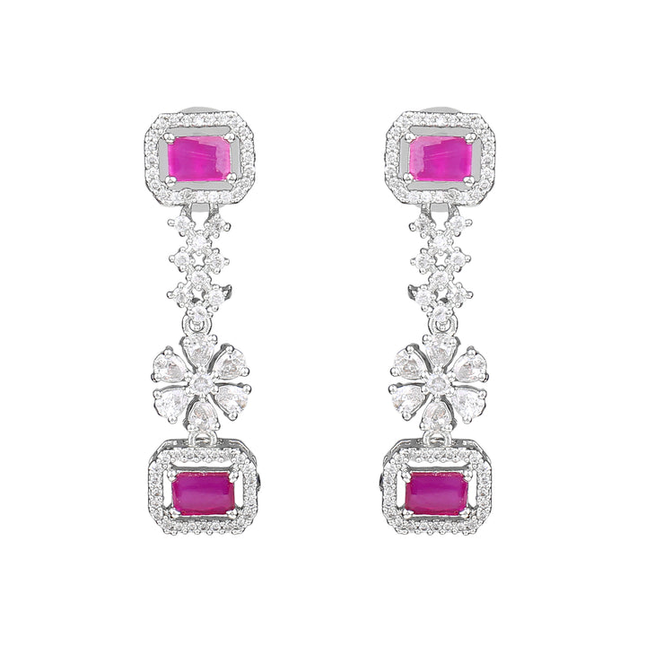 Estele Rhodium Plated CZ Captivating Double Layered Necklace Set with Ruby & White Crystals for Women