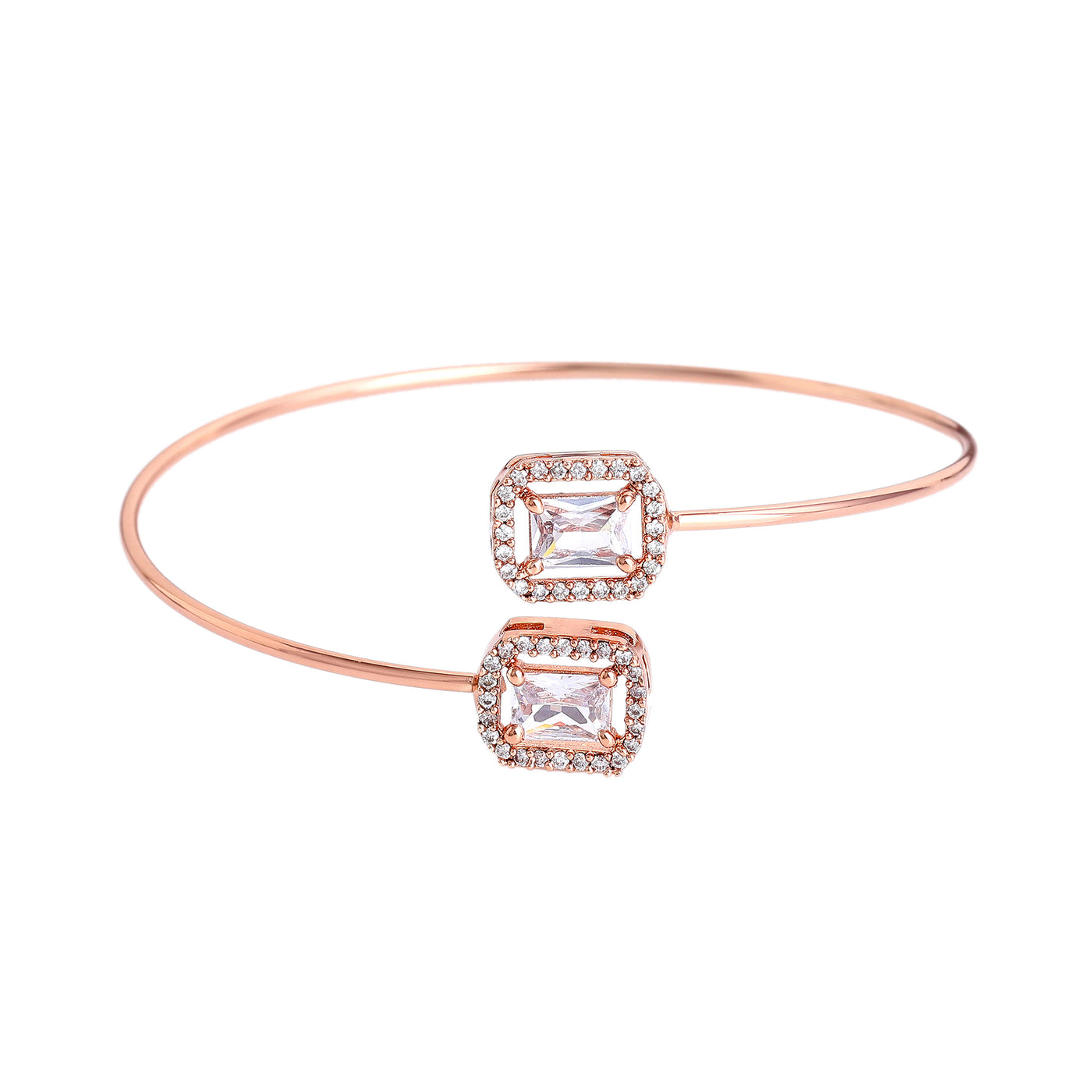 Estele Rosegold Plated Gleaming White American Diamonds Adorned Square Design Lightweight Cuff Kada Bracelet for Women