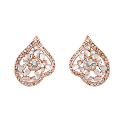 Estele Rose Gold Plated Leaf Shaped Stud Earrings with Kundan for Women
