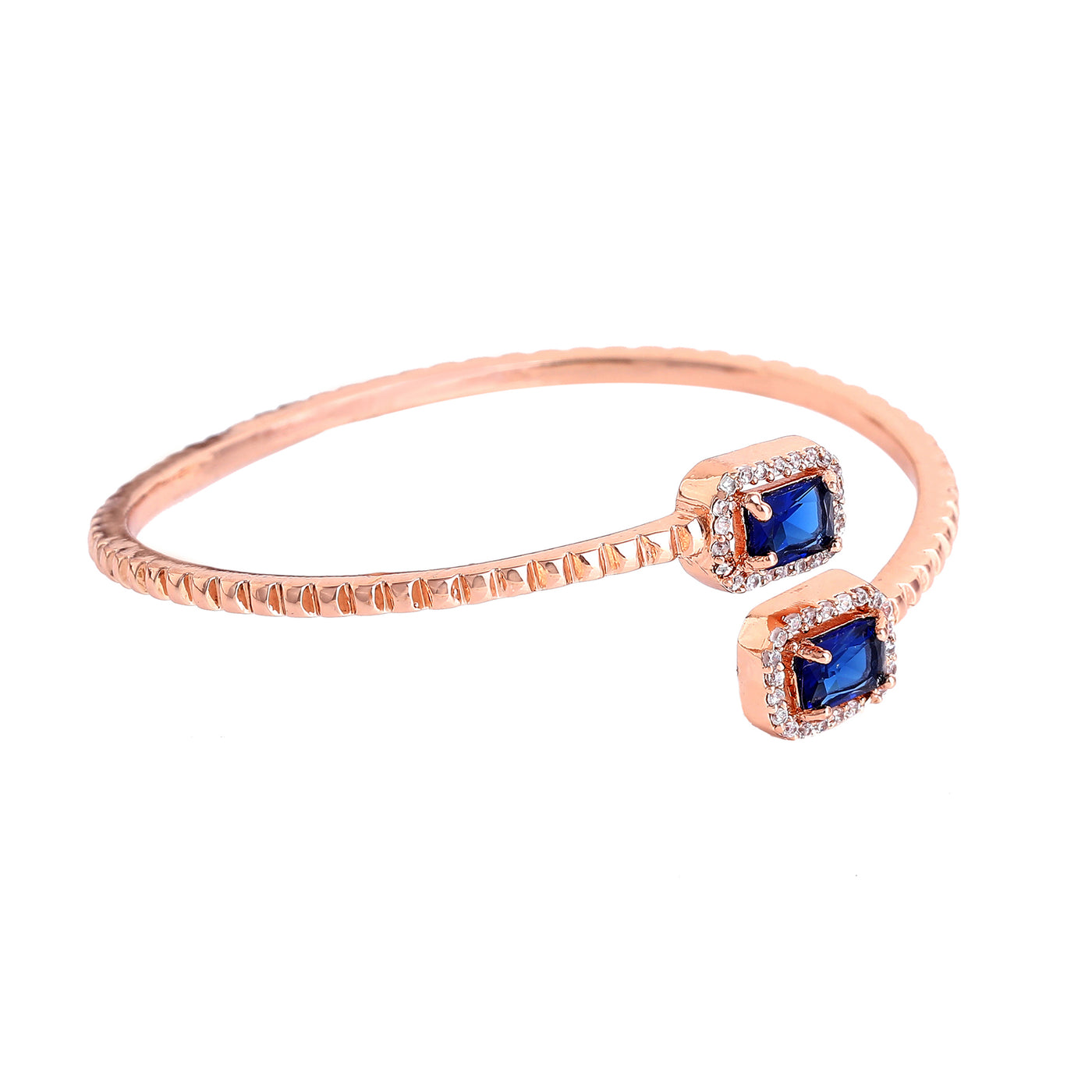 Estele Rosegold Plated Lightweight Graceful Kada Bracelet with Blue Glittering American Diamonds|Stylish Accessory for Women