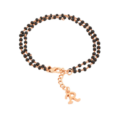 Estele Rose Gold Plated Fascinating "R" Alphabet with Black Beads Bracelet for Women