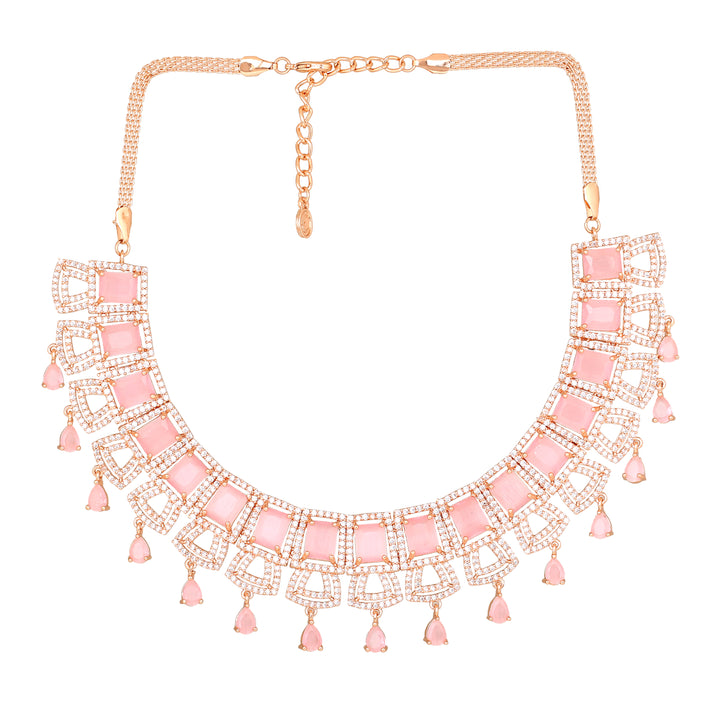 Estele Rose Gold Plated CZ Glimmering Dulhan Necklace Set with Mint Pink Stones for Women