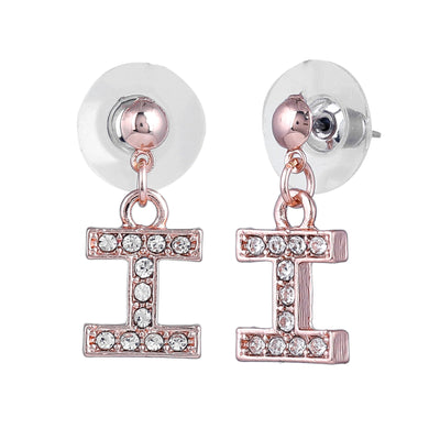 Estele Rose Gold Plated Magnificent Medium 'I' Letter Earrings with Crystals for Women