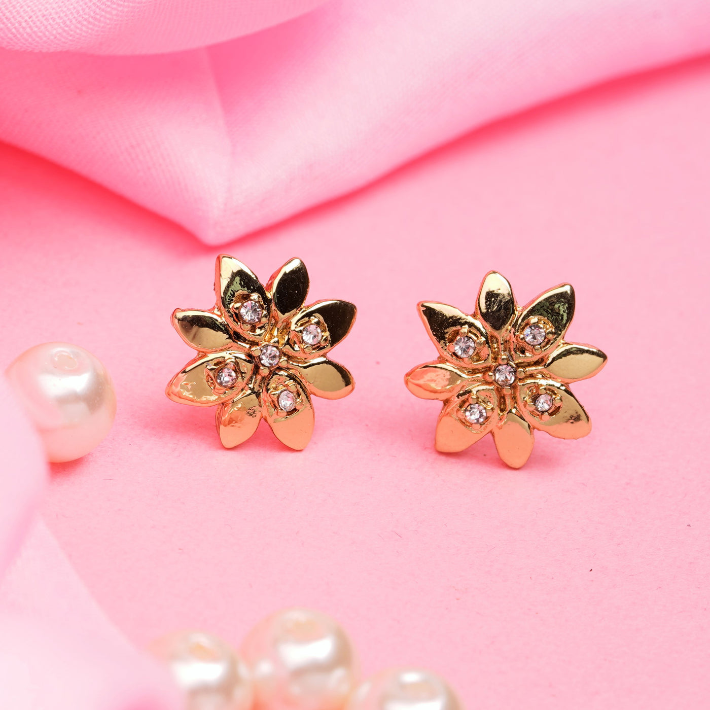 Estele Gold Plated Flower Stud Earrings with Crystals for Women