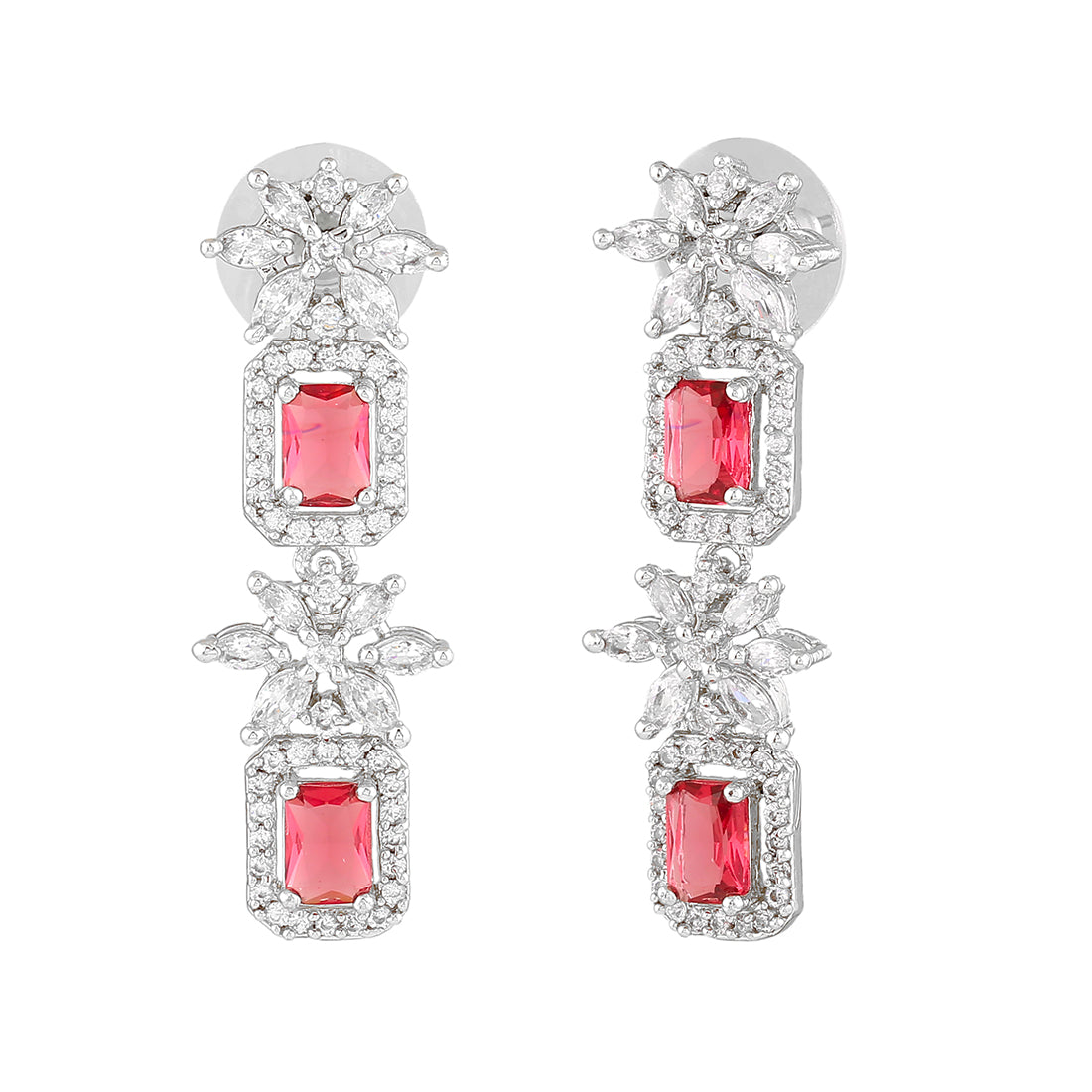 Estele Rhodium Plated CZ Scintillating Designer Drop Earrings with Tourmaline Pink Crystals for Women