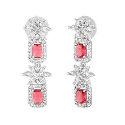 Estele Rhodium Plated CZ Scintillating Designer Drop Earrings with Tourmaline Pink Crystals for Women