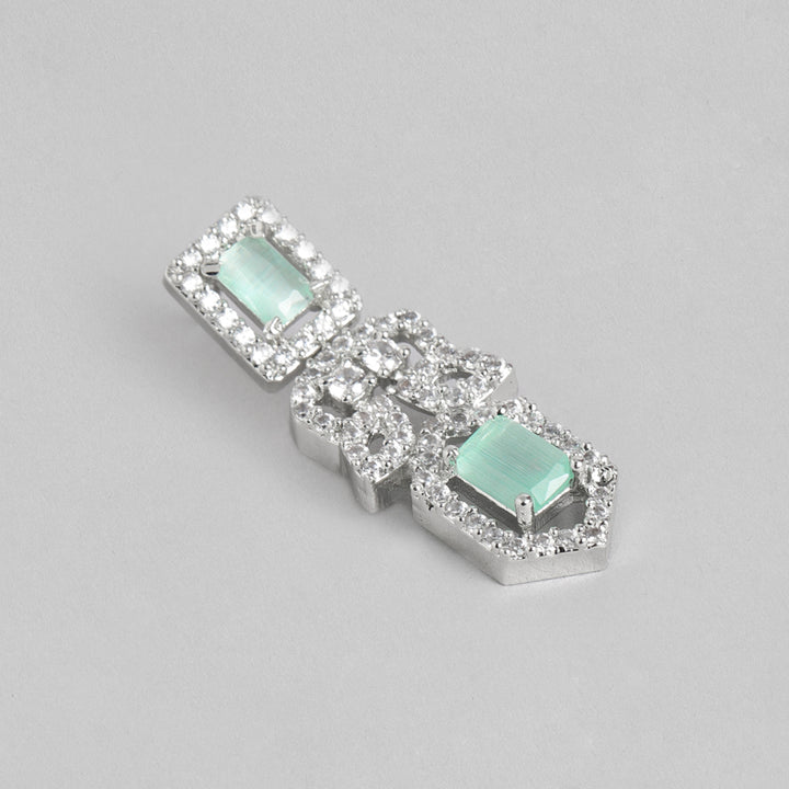 Estele Rhodium Plated CZ Shimmering Necklace Set with Mint Green Crystals for Women