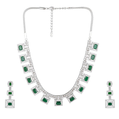 Estele Rhodium Plated CZ Geometric Designer Necklace Set with Emerald Crystals for Women