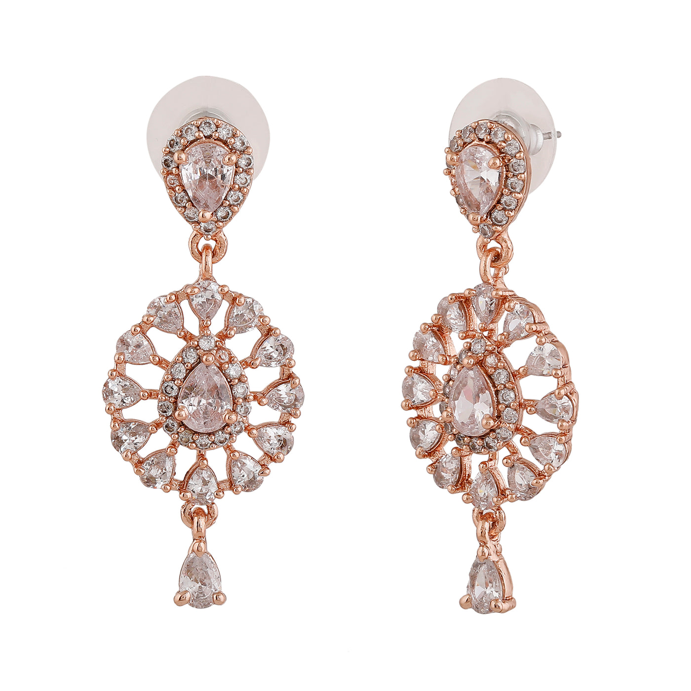 Estele Rose Gold Plated CZ Flower Designer Drop Earrings for Women