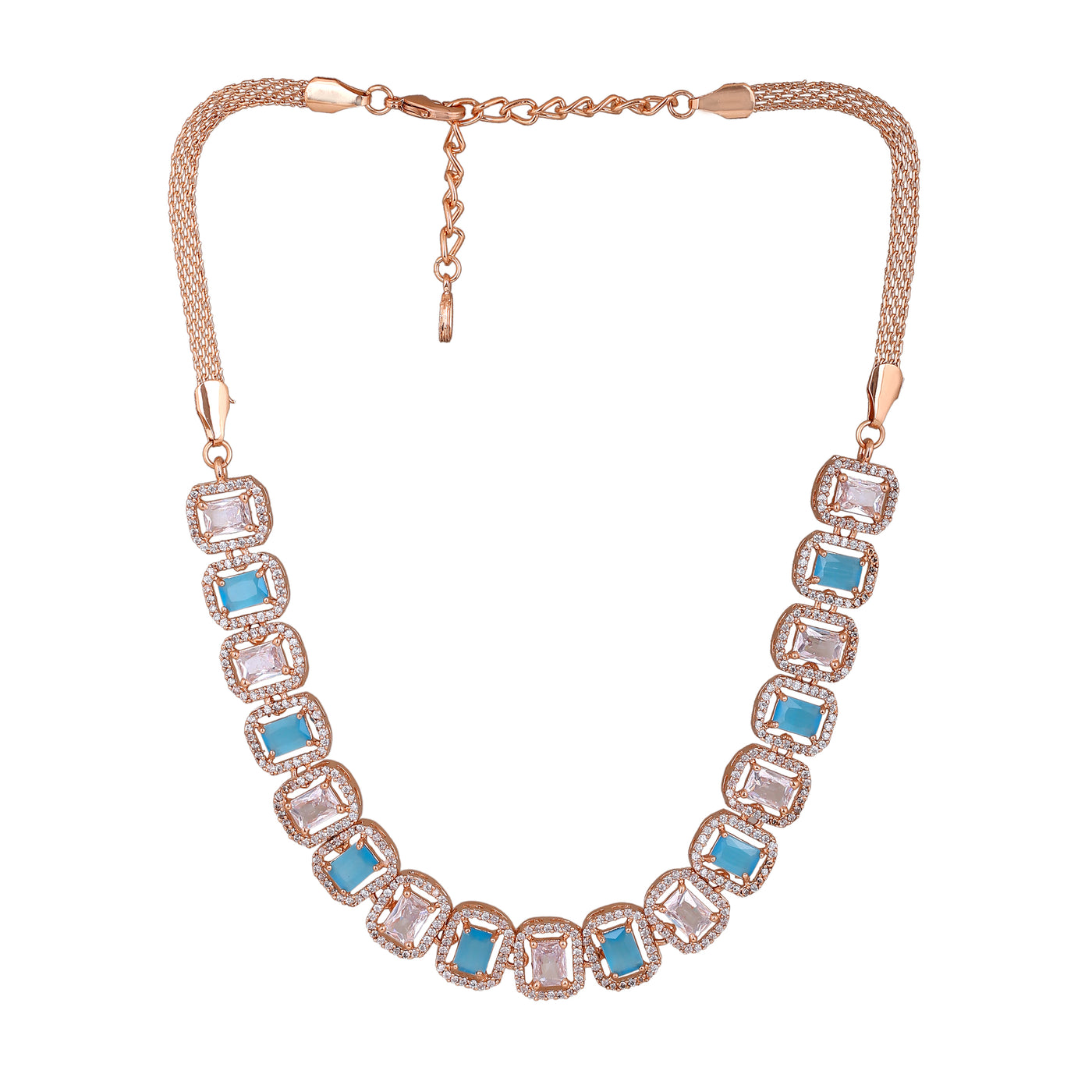 Estele Rose Gold Plated CZ Elegant Neklace Set with Turquoise Blue for Women