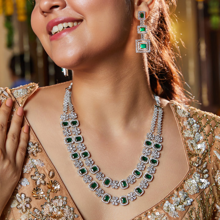 Estele Rhodium Plated CZ Dazzling Double Layered Designer Necklace Set with Green & White Crystals for Women