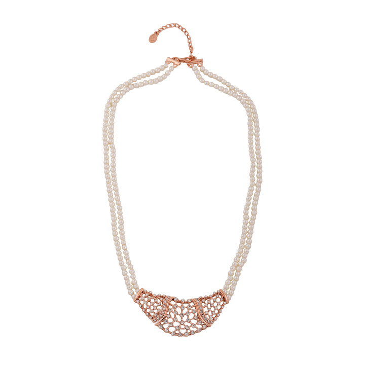Estele Rose Gold Plated Shimmering Pearl Necklace Set with Crystals for Women