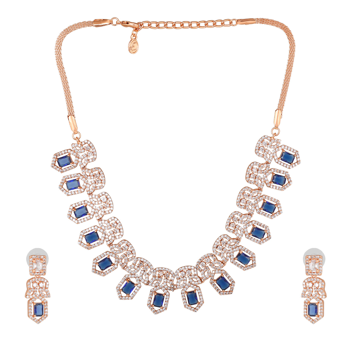 Estele Rose Gold Plated CZ Dazzling Necklace Set with Blue Crystals for Women