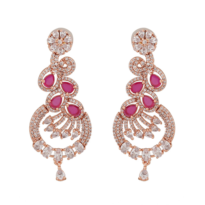 Estele Rose Gold Plated CZ Scintillating Earrings with Ruby Crystals for Women