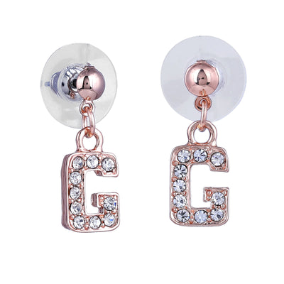 Estele Rose Gold Plated Magnificent Medium 'G' Letter Earrings with Crystals for Women