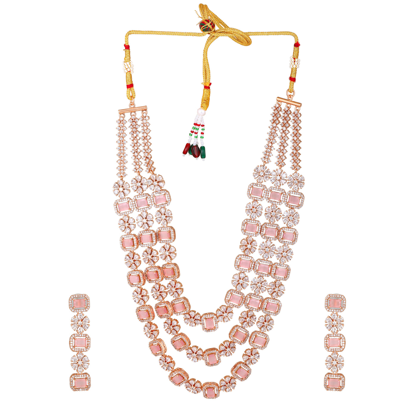 Estele Rose Gold Plated CZ Ravishing Three Layered Designer Necklace Set with Mint Pint and White Crystals for Women