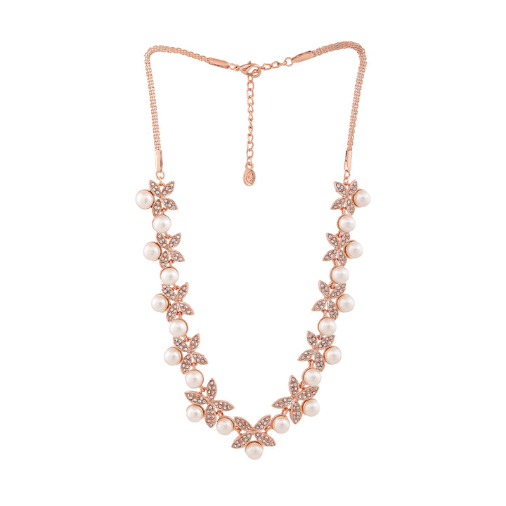 Estele Rose Gold Plated Flower Designer Necklace Set with Crystals for Women