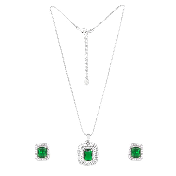 Estele Rhodium Plated CZ Sparkling Square Designer Pendant Set with Emerald Stone for Women