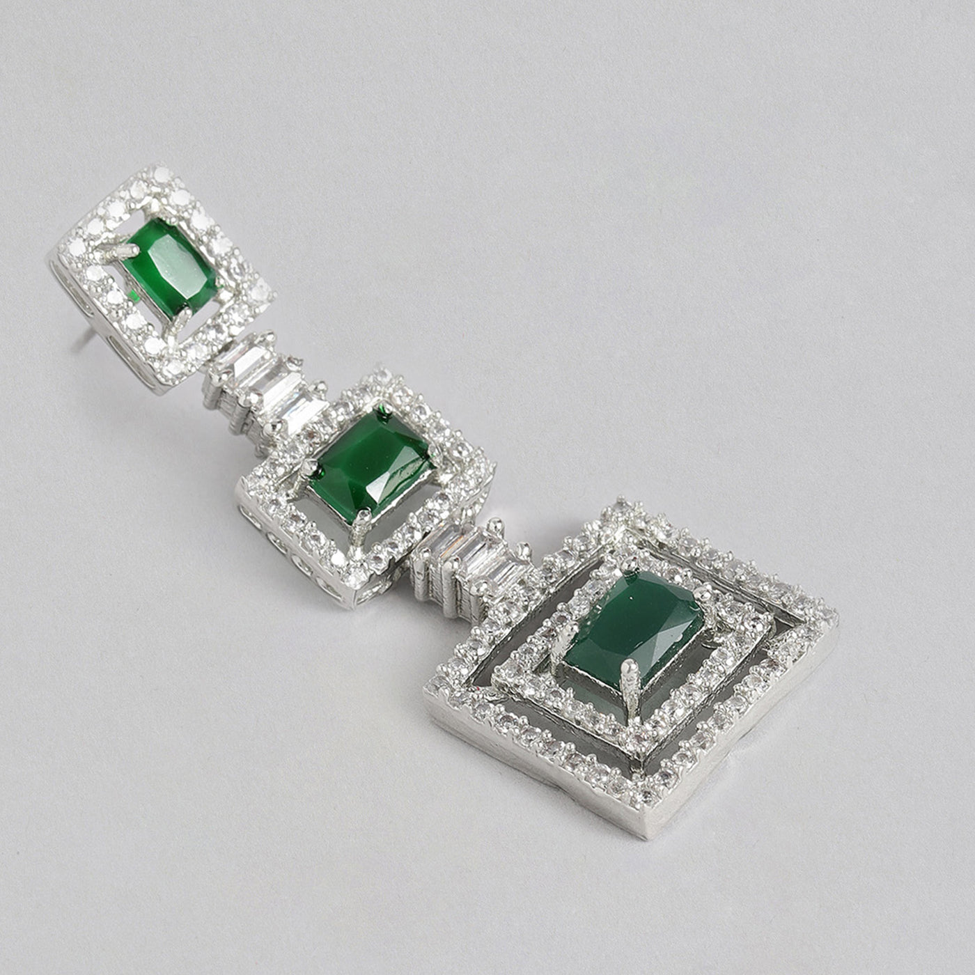 Estele Rhodium Plated CZ Geometric Designer Necklace Set with Emerald Crystals for Women