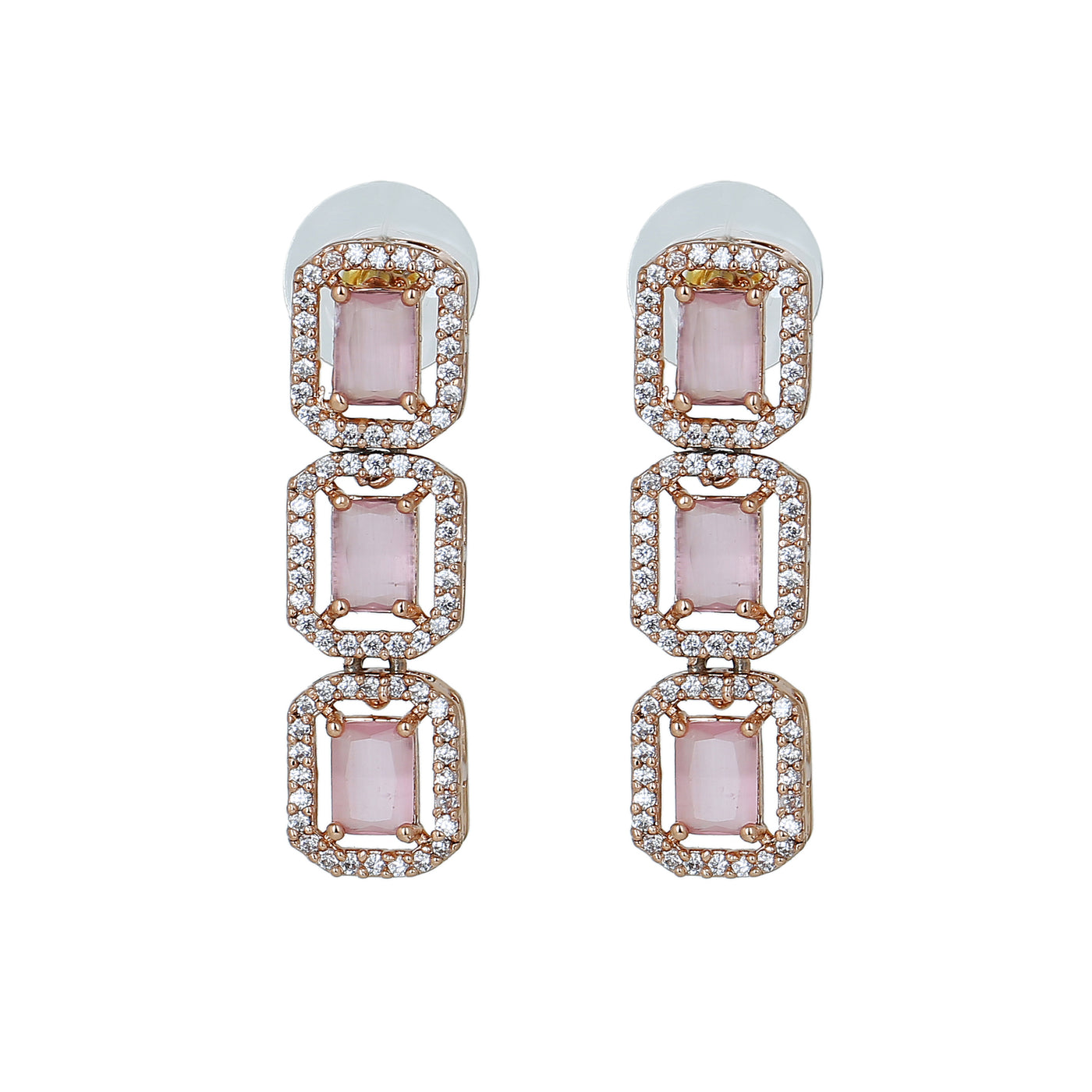 Estele Rose Gold Plated CZ Ossum Octagon Earrings with Mint Pink Crystals for Women