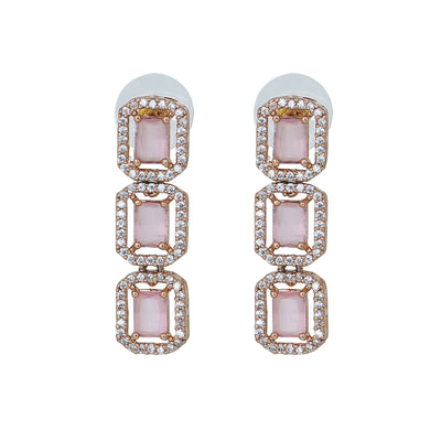 Estele Rose Gold Plated CZ Ossum Octagon Earrings with Mint Pink Crystals for Women