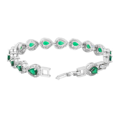 Estele Rhodium Plated CZ Classic Drop Designer Bracelet with Green Stones for Women