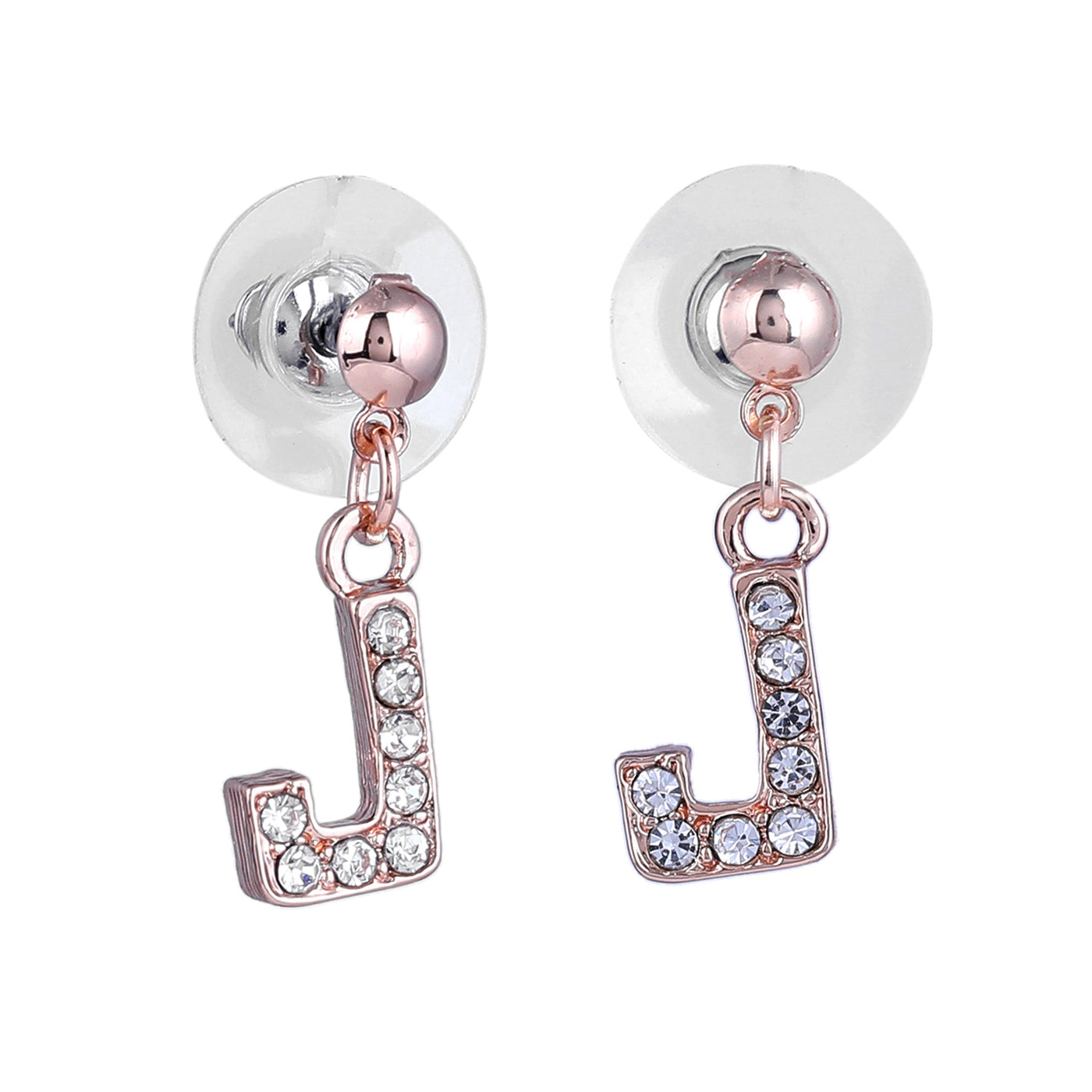 Estele Rose Gold Plated Magnificent Medium 'J' Letter Earrings with Crystals for Women