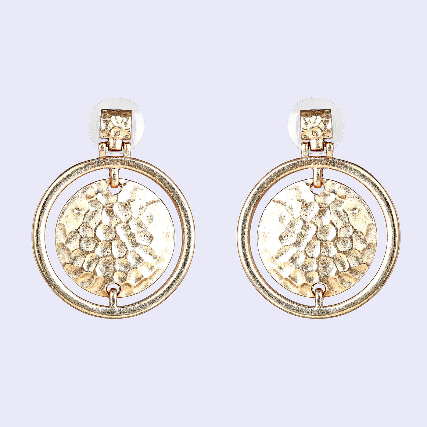 Estele Gold Tone Dual Circular Pattern Beaten Gold Drop Earrings for Women