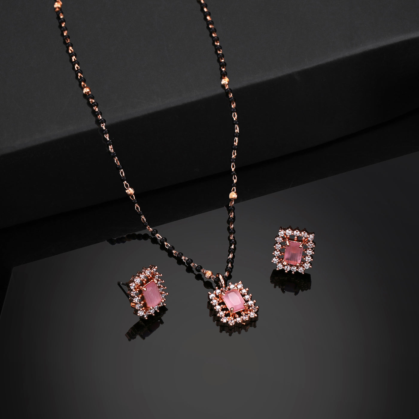 Estele Rose Gold Plated CZ Square Designer Mangalsutra Necklace Set with Mint Pink Stones for Women