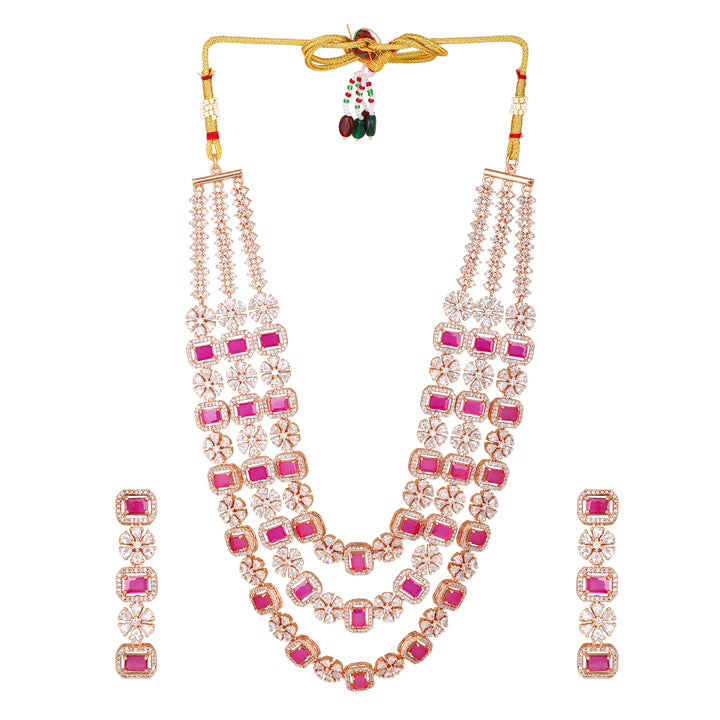 Estele Rose Gold Plated CZ Dazzling Three Layered Dulhan Necklace Set with Ruby Stones for Women
